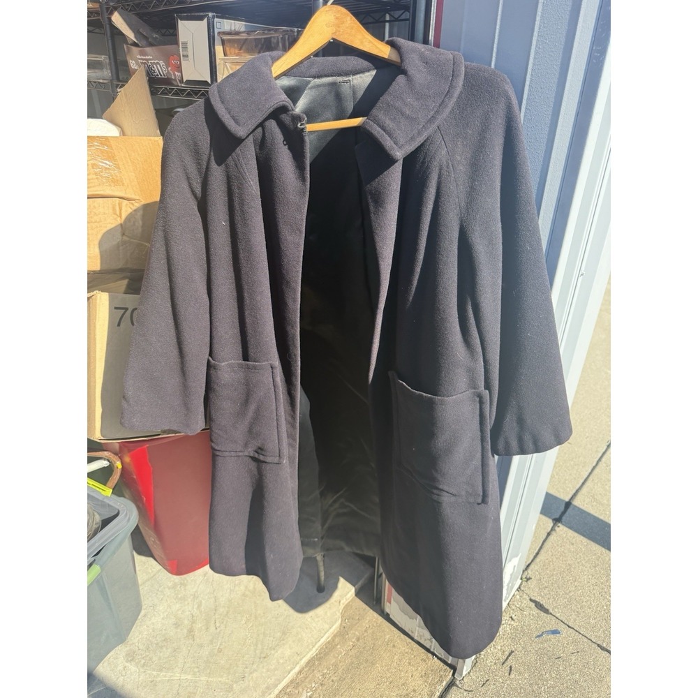 Vintage Imported Cashmere Black Long Coat Satin Lined Women's Overcoat Jacket - Picture 2 of 12
